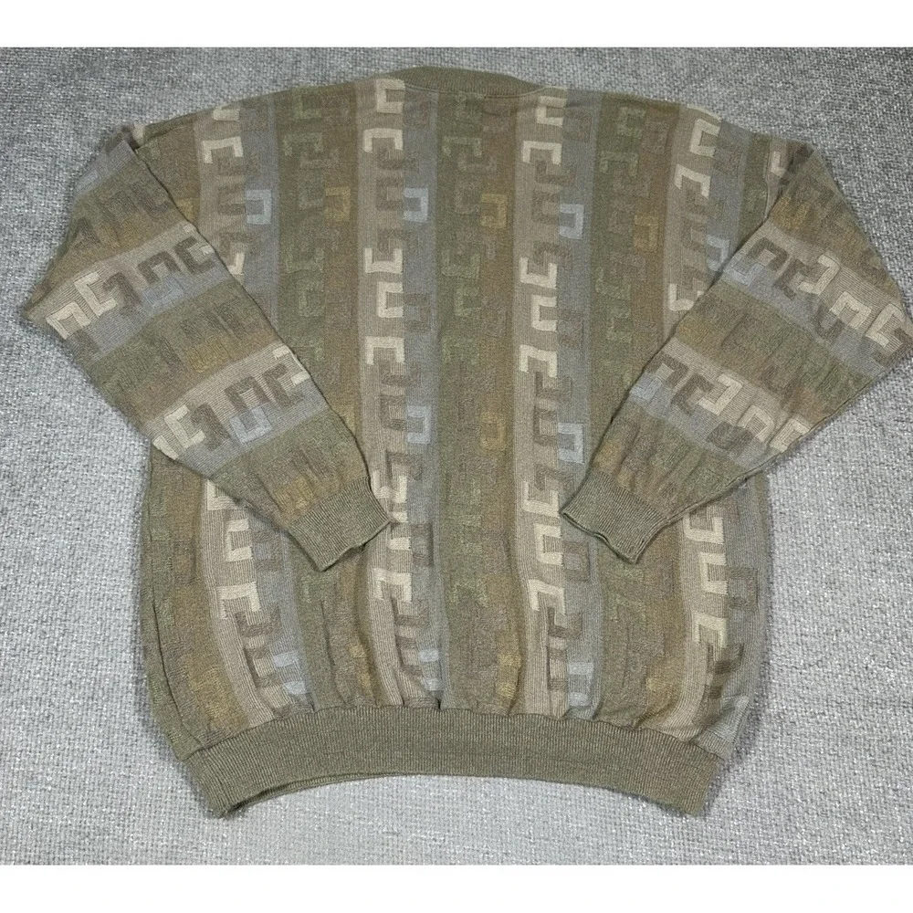 Tundra Canada Sweater Mens XL Pullover Knit Beige Green Geometric Crew 90s Cosby
